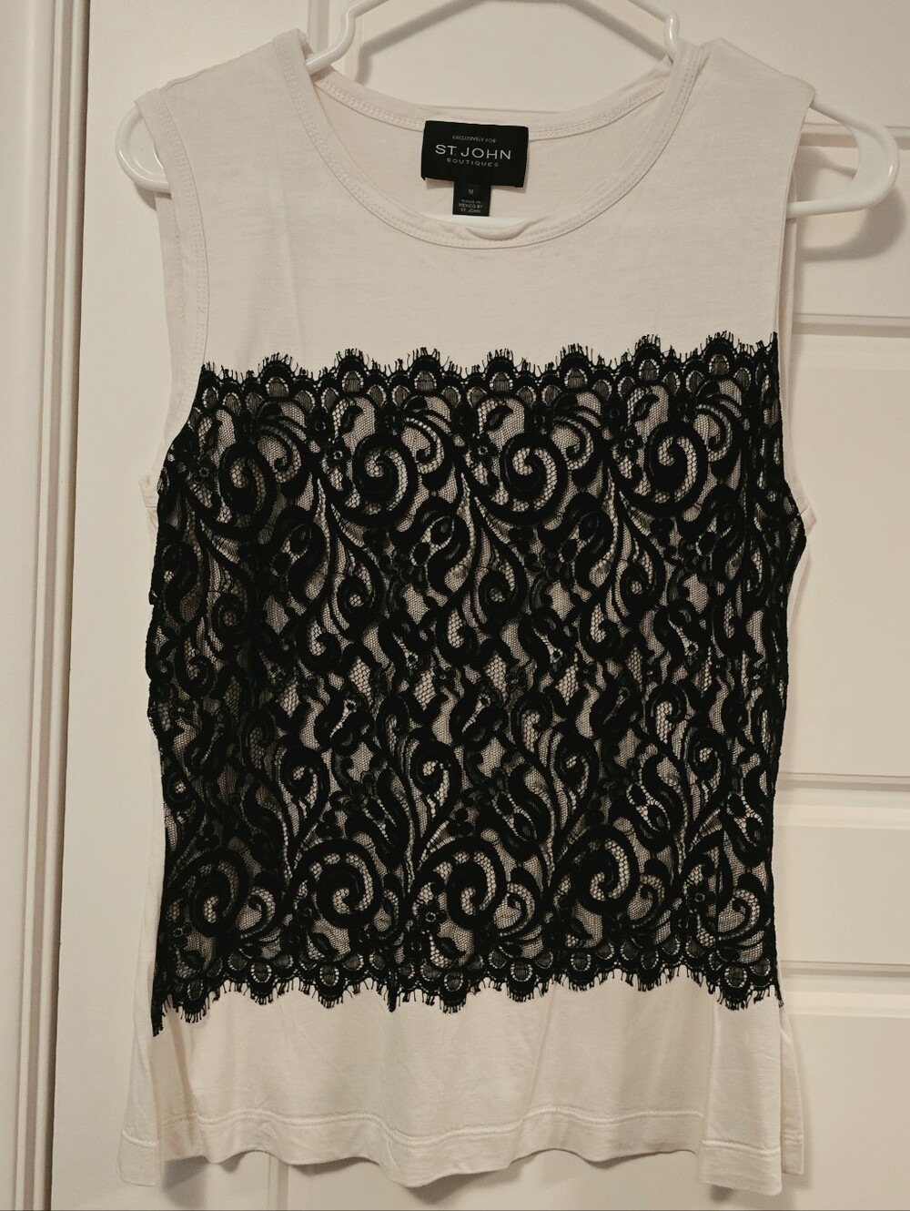 St. John Boutiques Exclusive White Tank Top with Black Lace Overlay